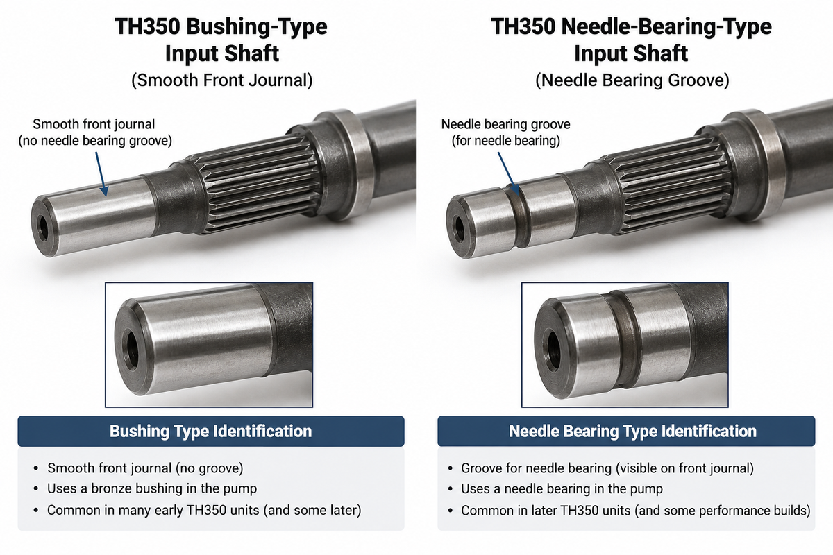 Bushing-type vs needle-bearing-type TH350 input shaft comparison — how to identify your type